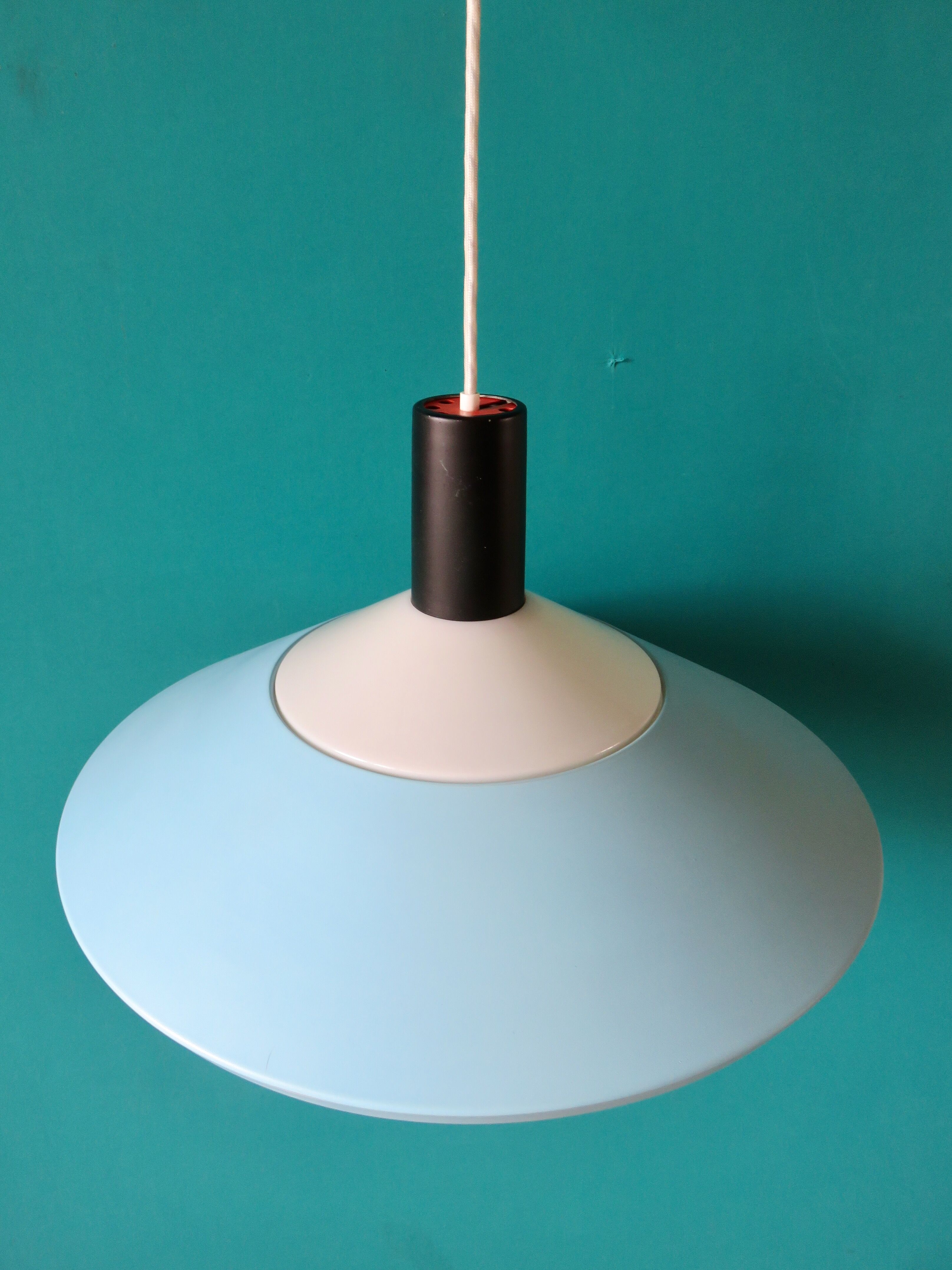Light blue, black and white suspension, Louis Poulsen. Denmark 1960