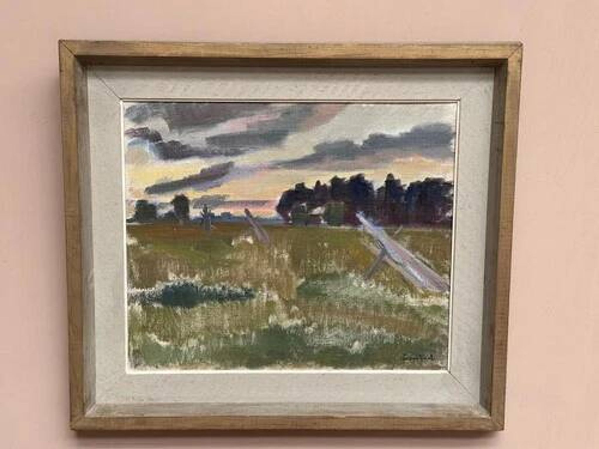 Huile sur toile "Soirée au temps de la fauche" par Bernhard Önstad, encadrée 48,5×43 cm
