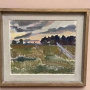 Huile sur toile "Soirée au temps de la fauche" par Bernhard Önstad, encadrée 48,5×43 cm