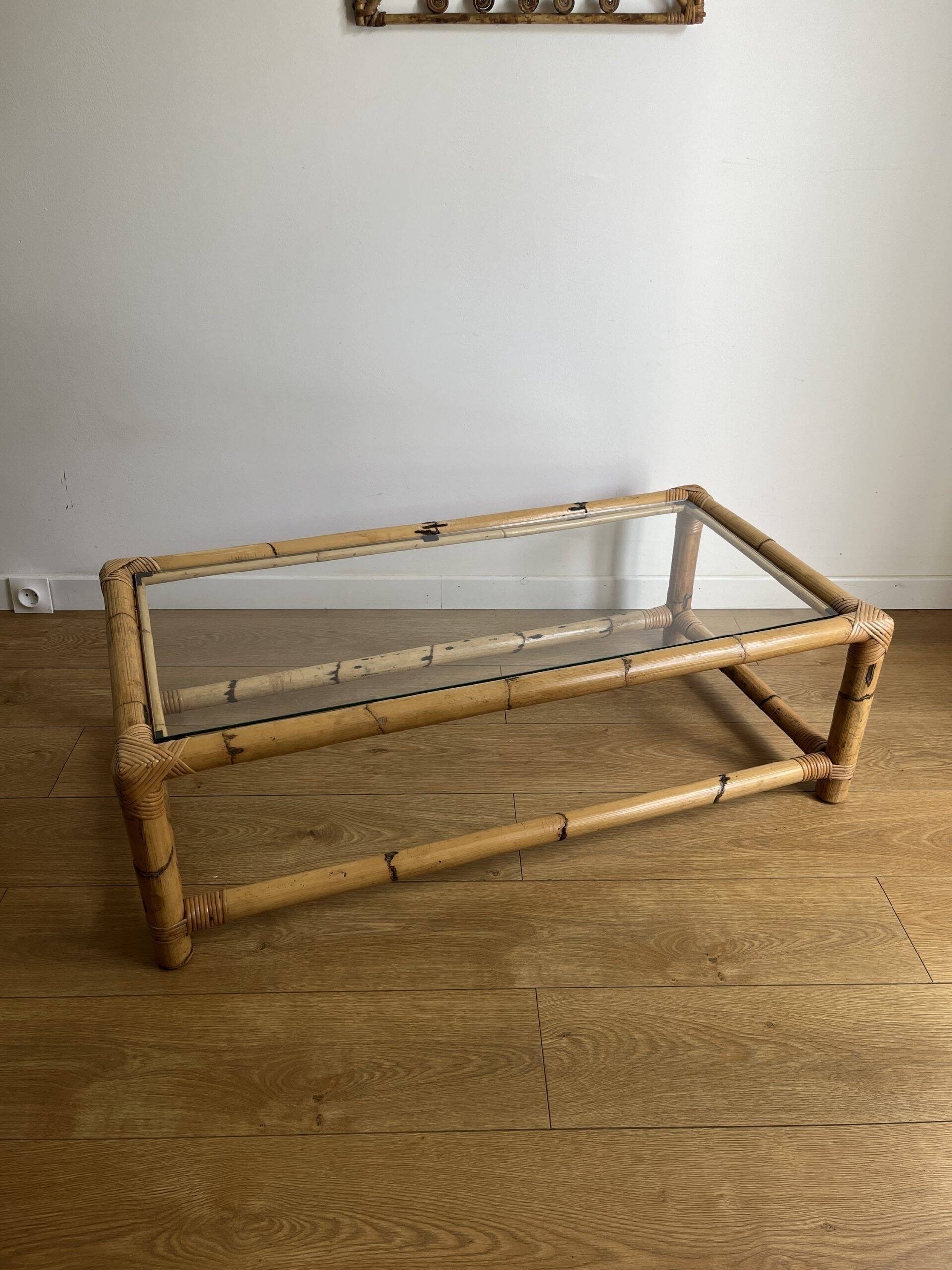 Bamboo rattan and glass coffee table