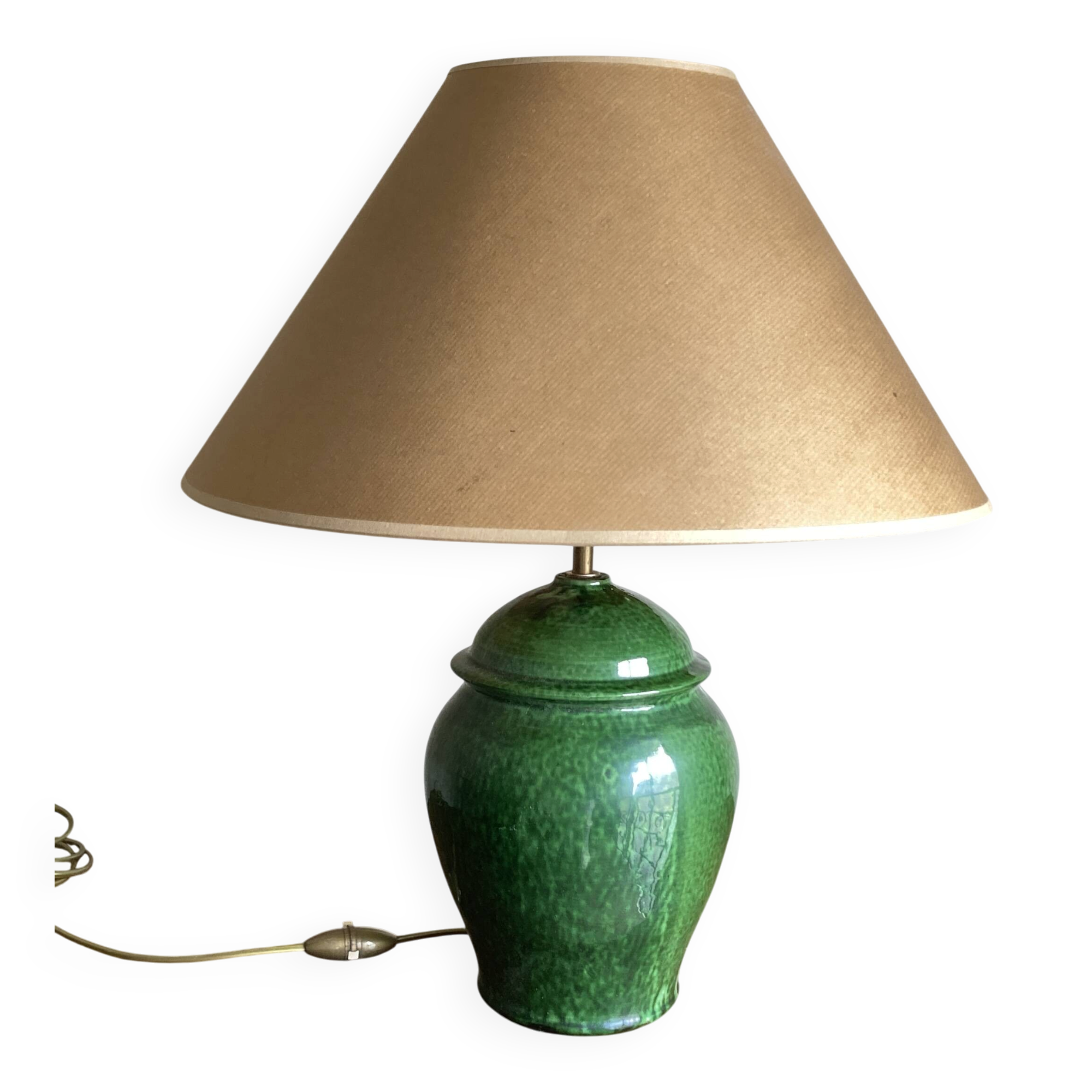 Lampe balustre en terre vernissée verte Provence 1960