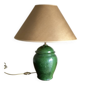 Lampe balustre en terre vernissée verte Provence 1960