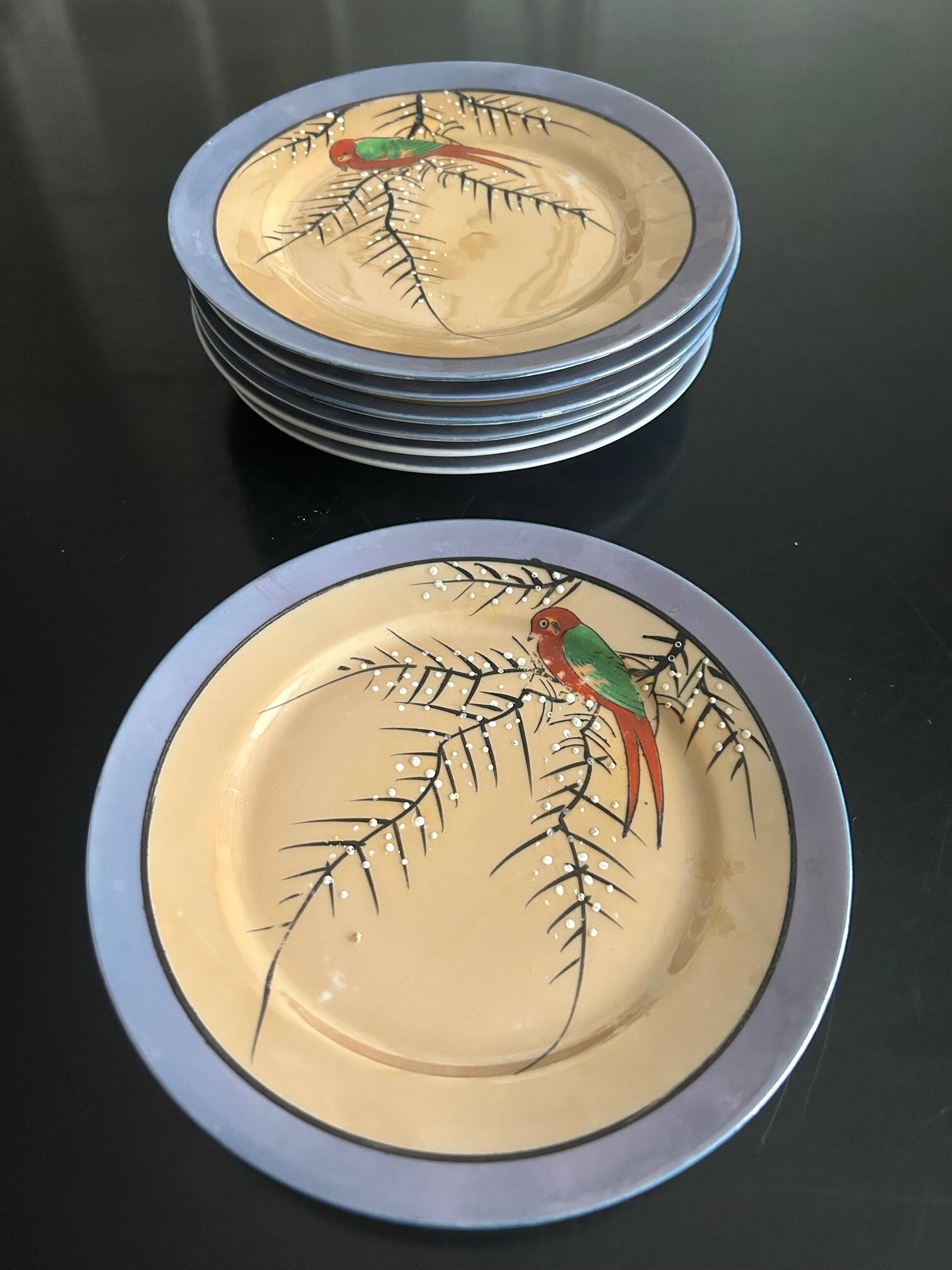 7 iridescent plates with bird decoration