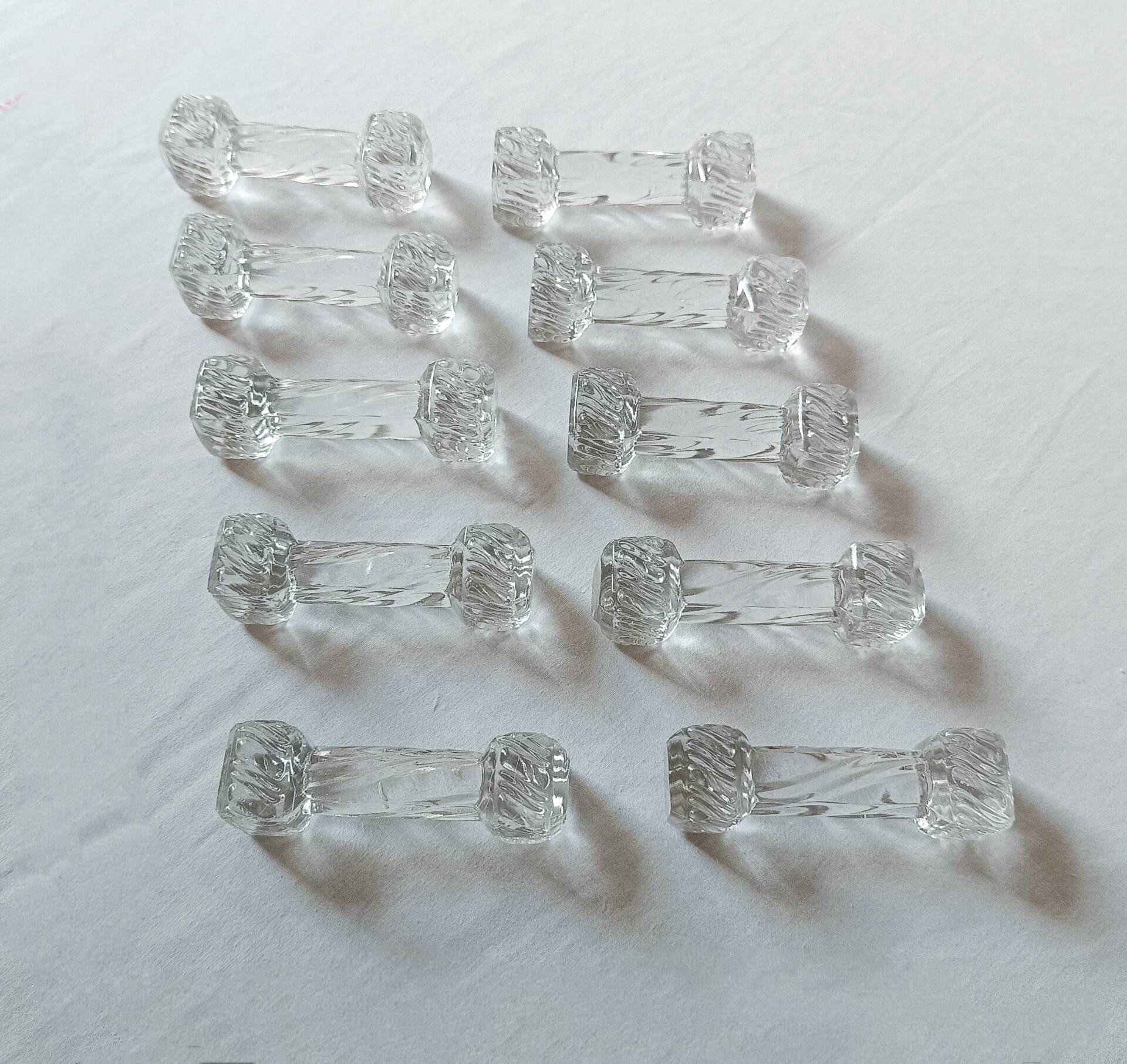 Set of 10 antique twisted moulded glass knife rests – Art Deco style