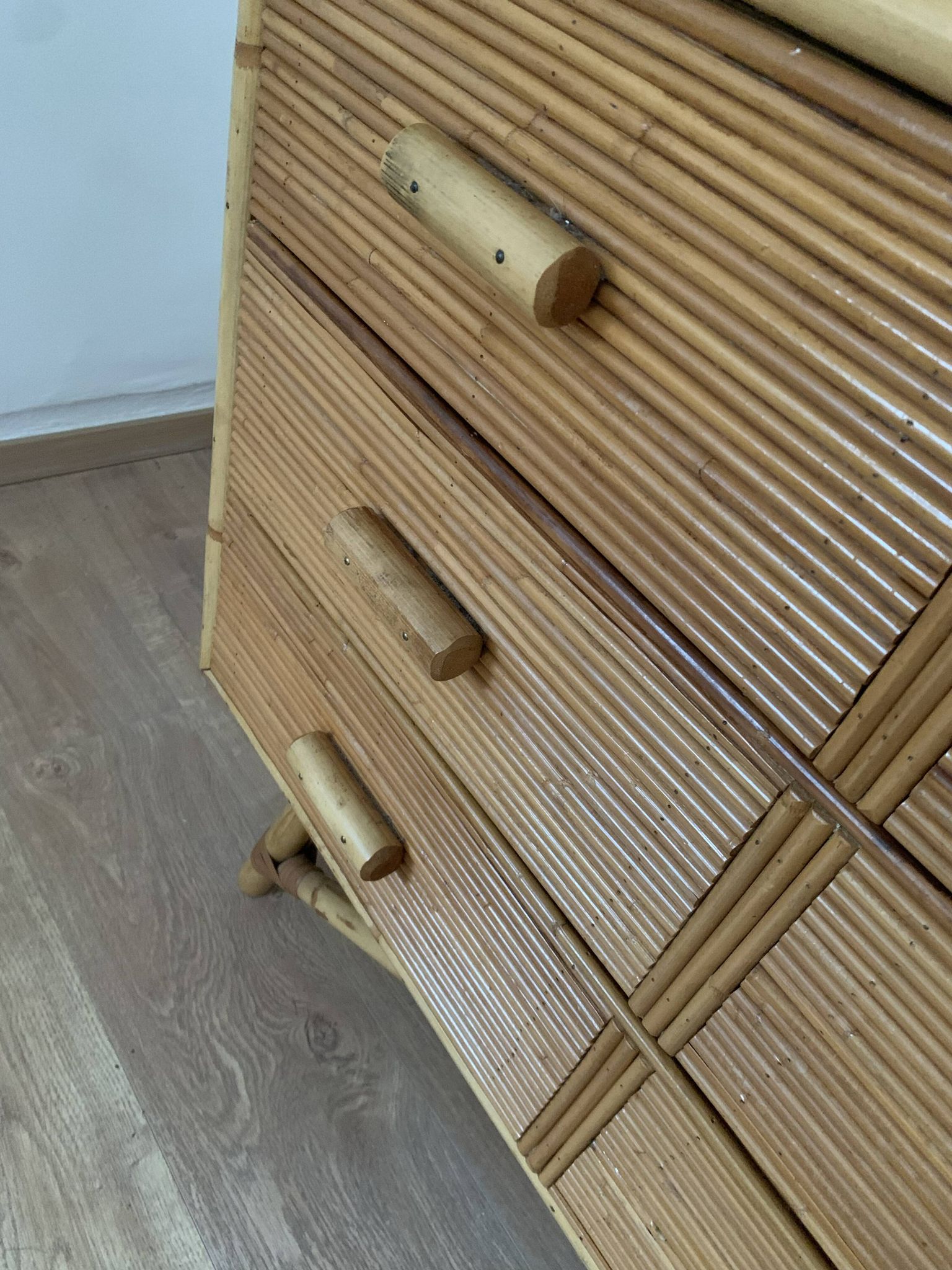 3-drawer rattan/bamboo chest of drawers attributed to Adrien Audoux and Frida Minnet. Circa 1950