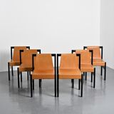 Set of black lacquered wooden chairs with leather, Swiss architect's work, 1980s.