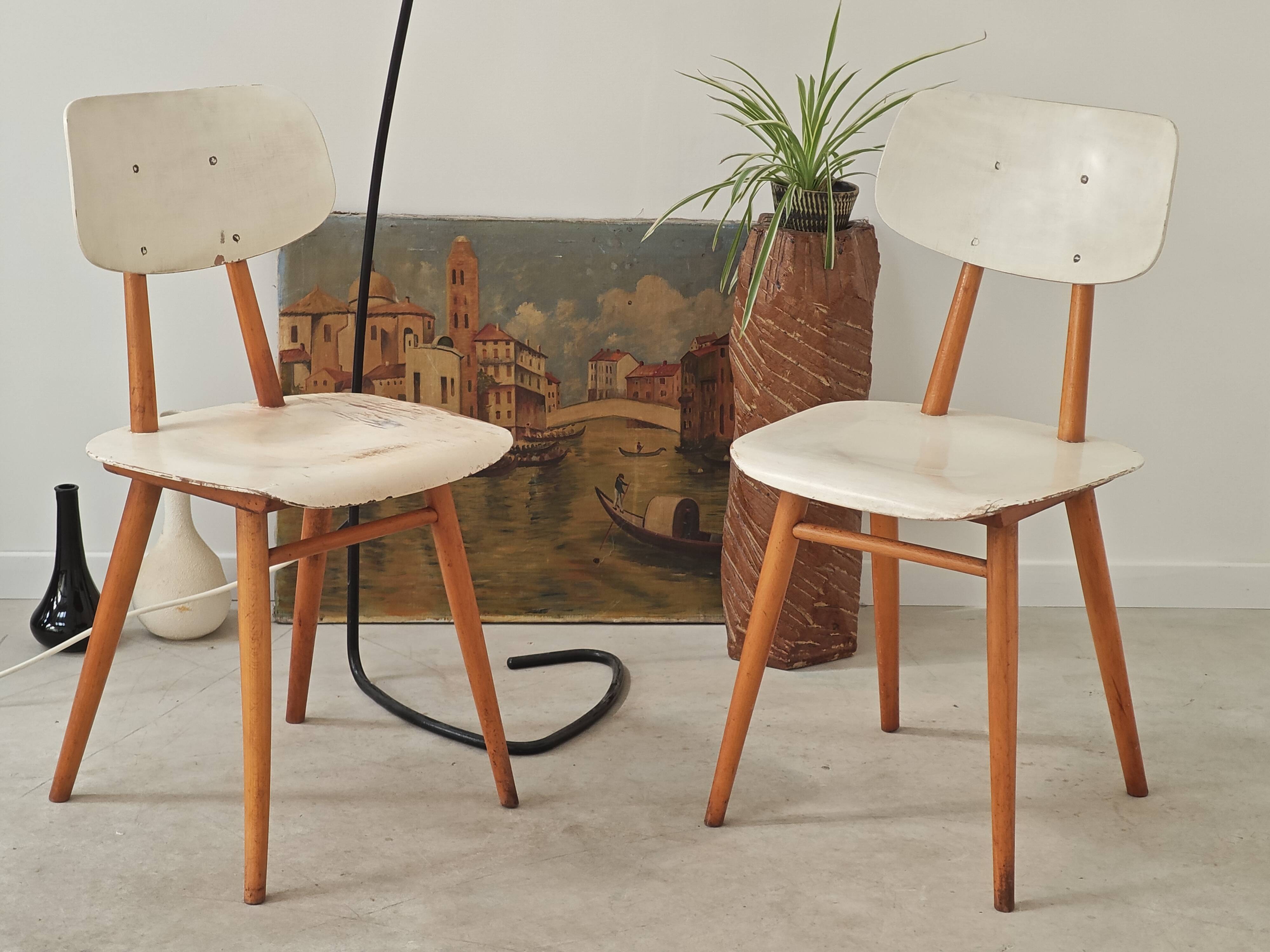 Pair of TON bystrice chairs, Thonet, white, Eastern Europe 1960.