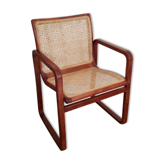 Fauteuil design traineau bois et cannage – années 80