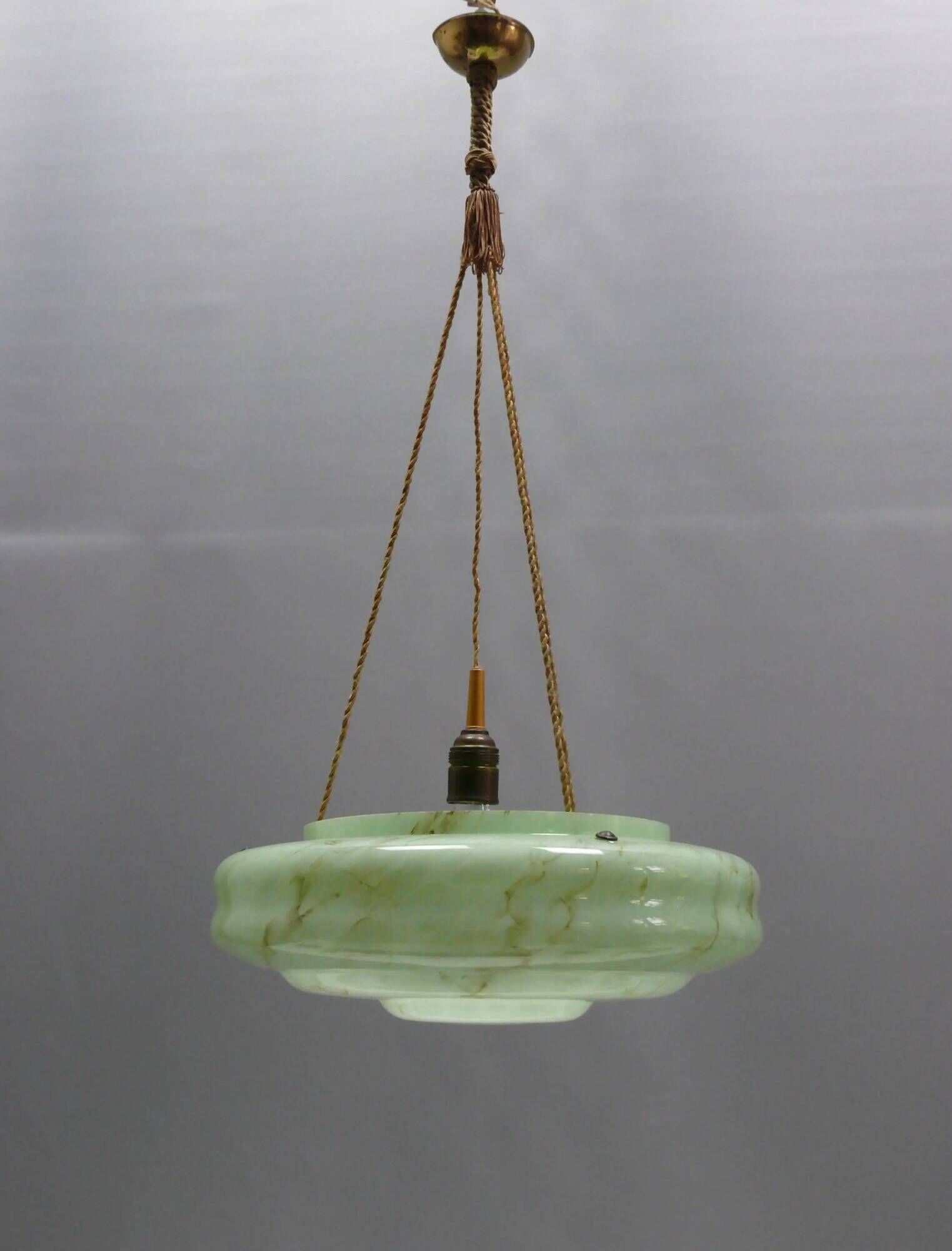 Large Art Deco pendant light in marbled glass with cord suspension, 1920s-1930s