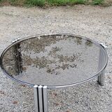 Coffee table design of the 70s smoked glass base chrome Diameter 84cm