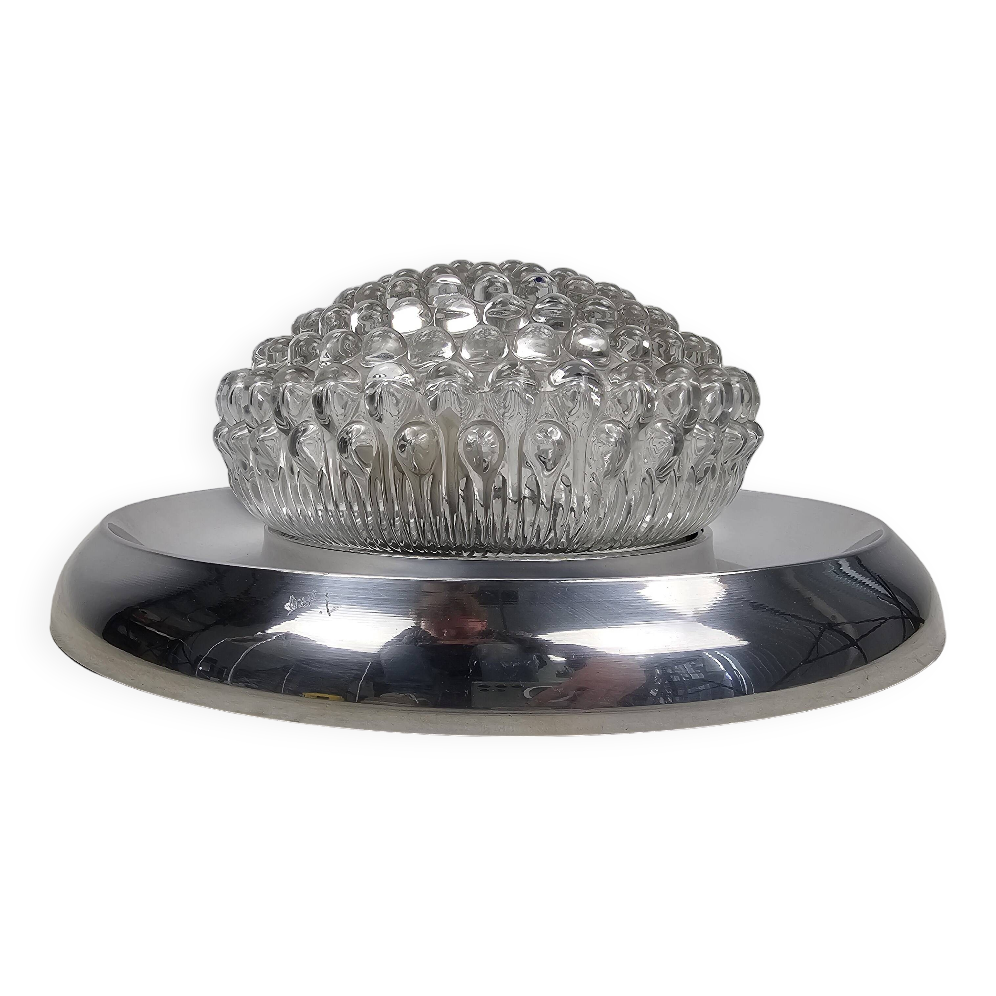 Plafonnier vintage, bague chromée et abat-jour en verre bullé