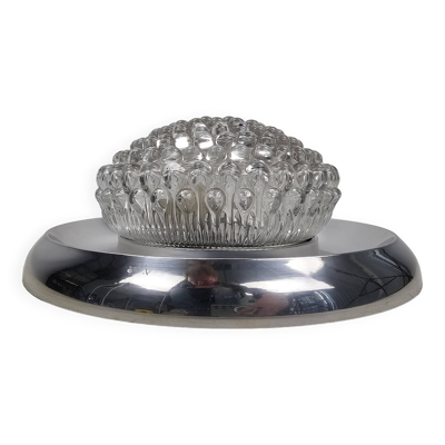 Plafonnier vintage, bague chromée et abat-jour en verre bullé