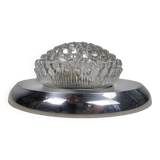 Plafonnier vintage, bague chromée et abat-jour en verre bullé