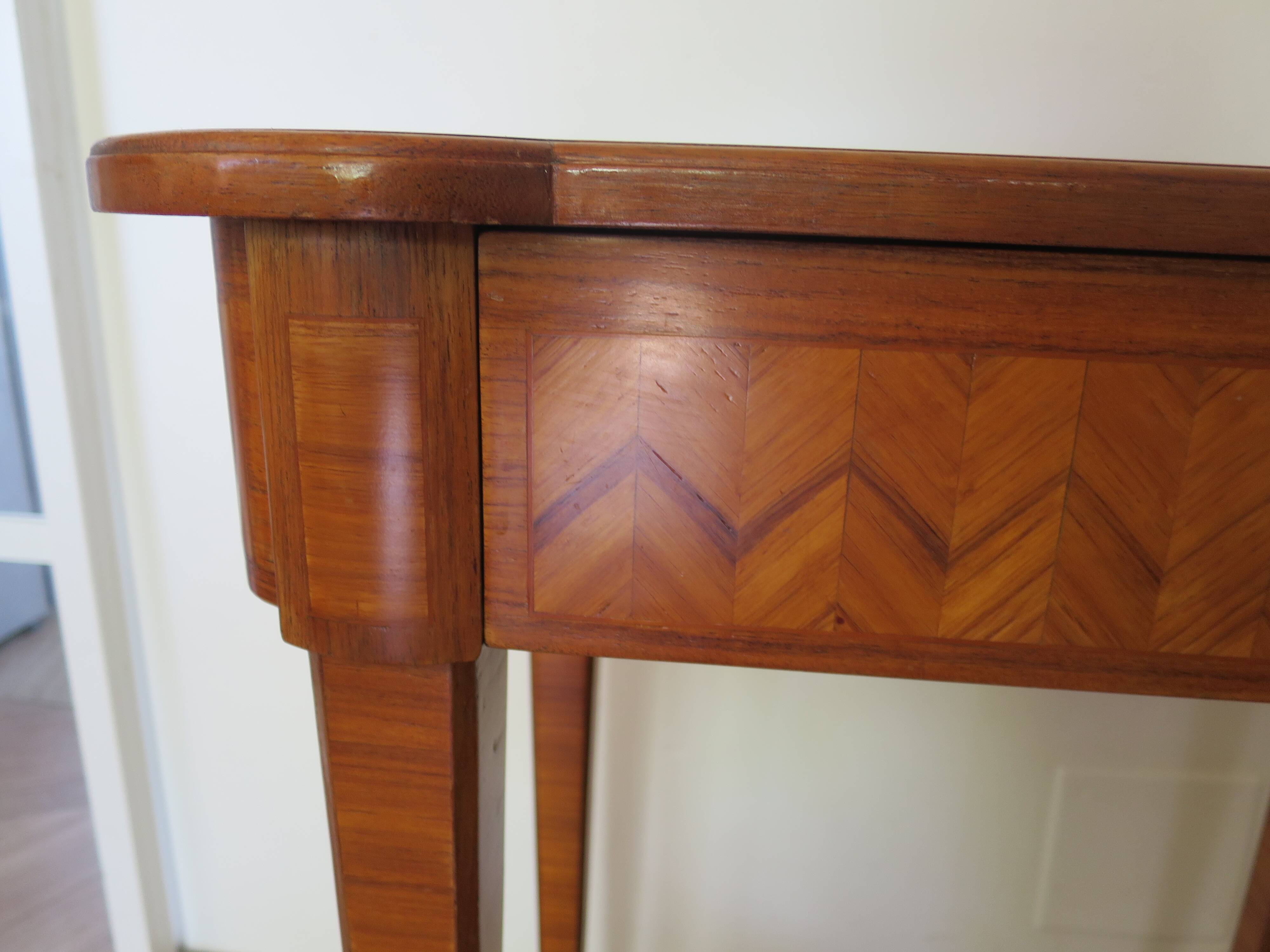 Console Louis XVI-Table d'appoint-Marqueterie-pieds sabots-années 80-Tiroir