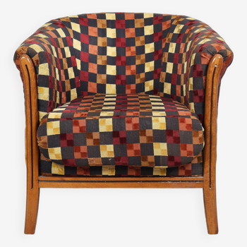 Old "barrel" armchair, renovated tapestry, in velvet, very colorful.