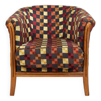 Old "barrel" armchair, renovated tapestry, in velvet, very colorful.