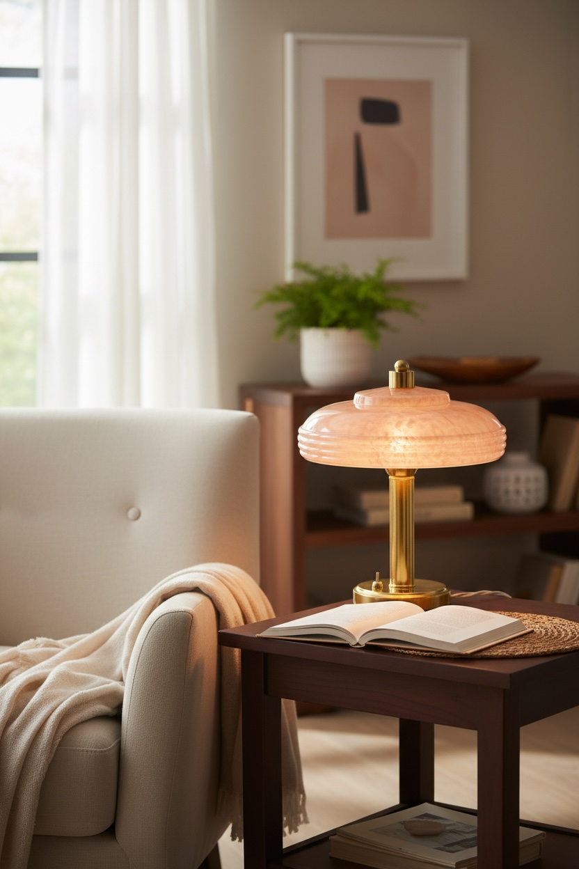 Pair of mushroom bedside lamps, pink Clichy glass.