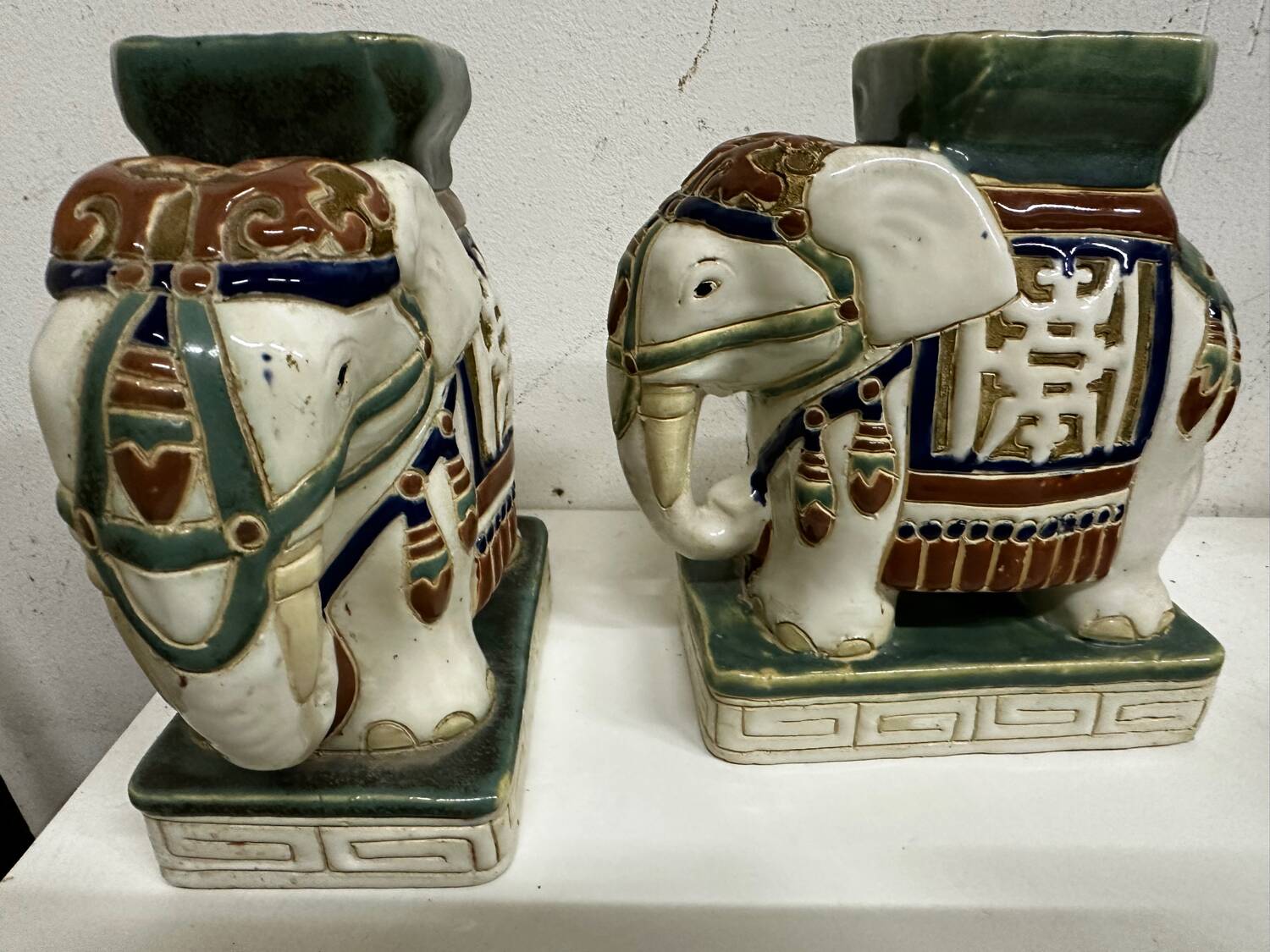 Pair of ceramic elephant plant stands polychrome sculpture - India