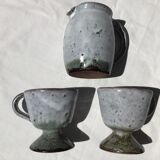 Signed grey-white artisanal stoneware cups and pot