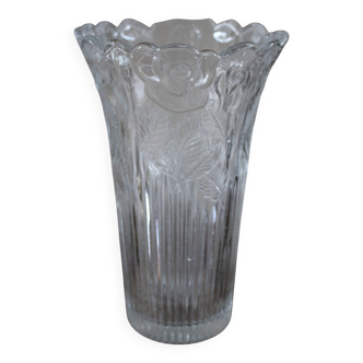 Vintage rose decorated chiseled glass vase