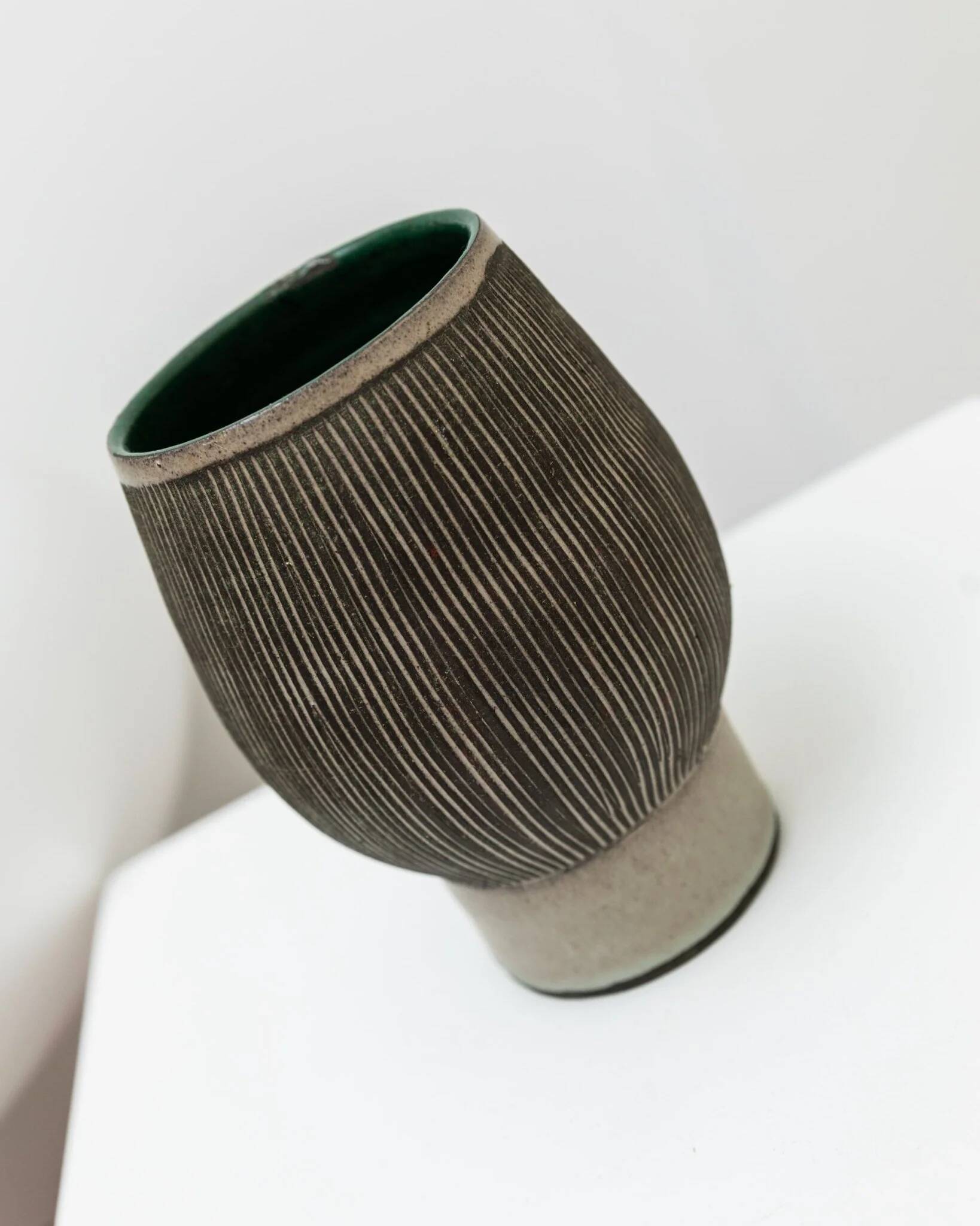 Gray and beige ceramic vase, vintage 1970s Danish studio pottery with incised texture