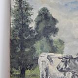 Oil on canvas painting herd of cows in the meadow