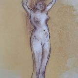 Tableau signé sanguine pastel portait féminin « la coiffure »