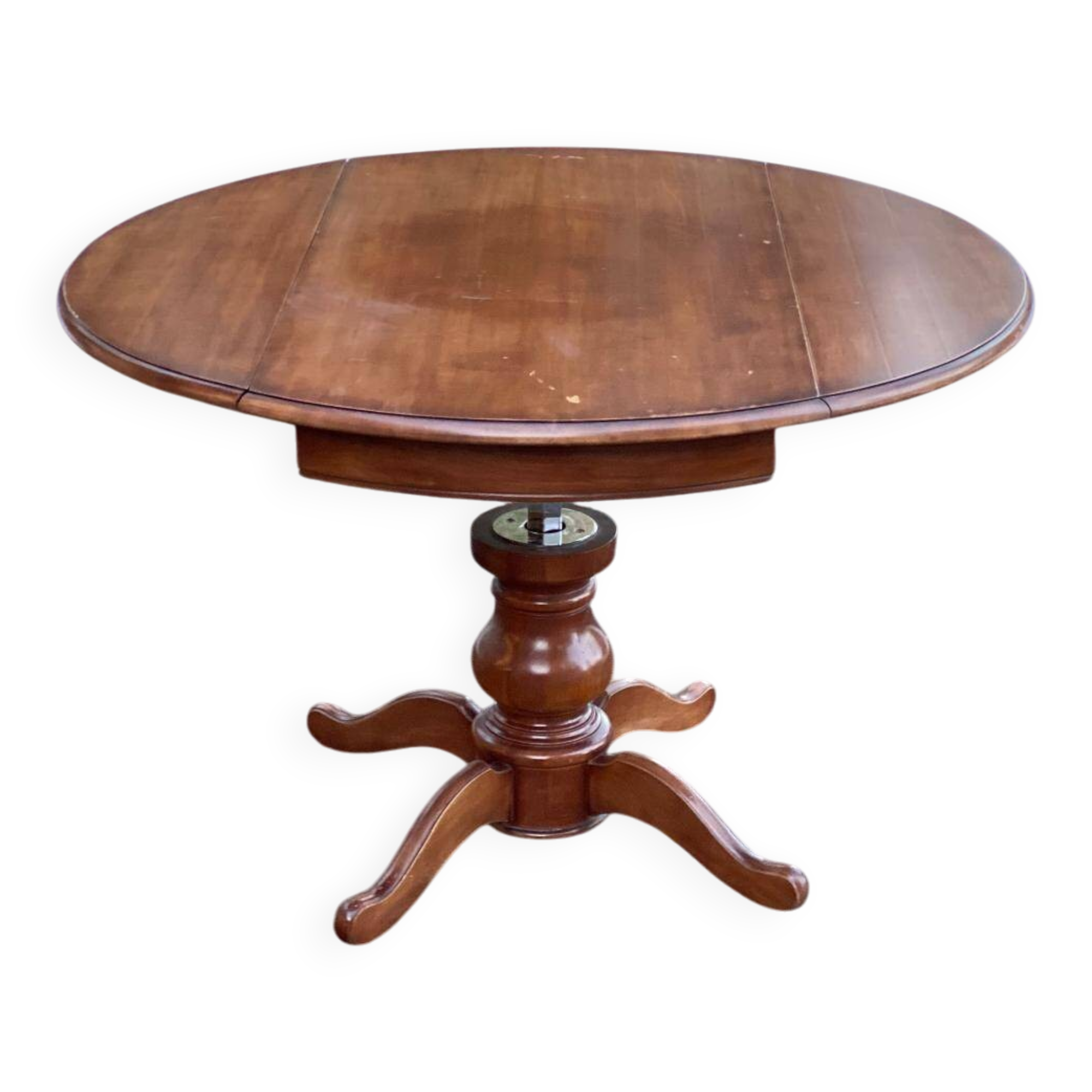 Round dining table, solid wood, central leg, extendable flaps, 20th century.