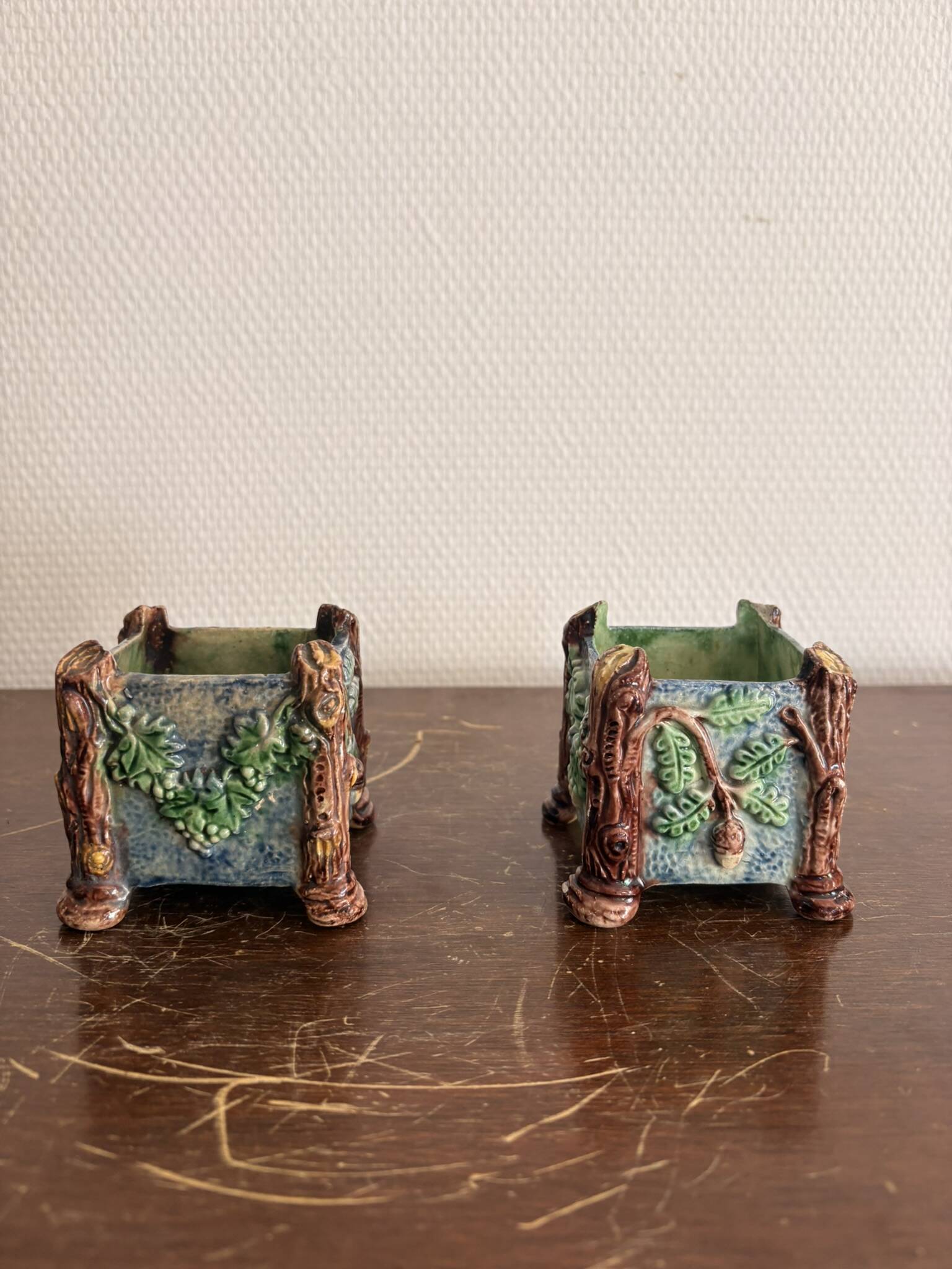 Antique Cache Pot Planter Barbotine Earthenware Enamelled Majolica