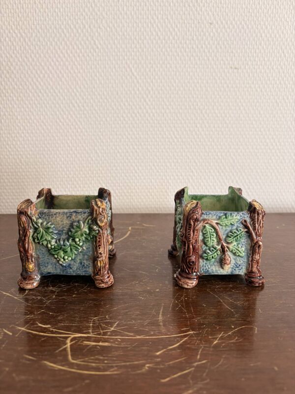 Ancien Cache Pot Jardinière Table Barbotine Terre cuite emmaillée Majolique