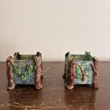 Antique Cache Pot Planter Barbotine Earthenware Enamelled Majolica