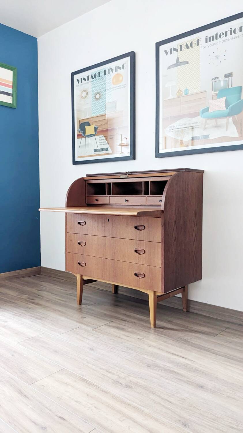 Bureau secrétaire à cylindre teck midcentury