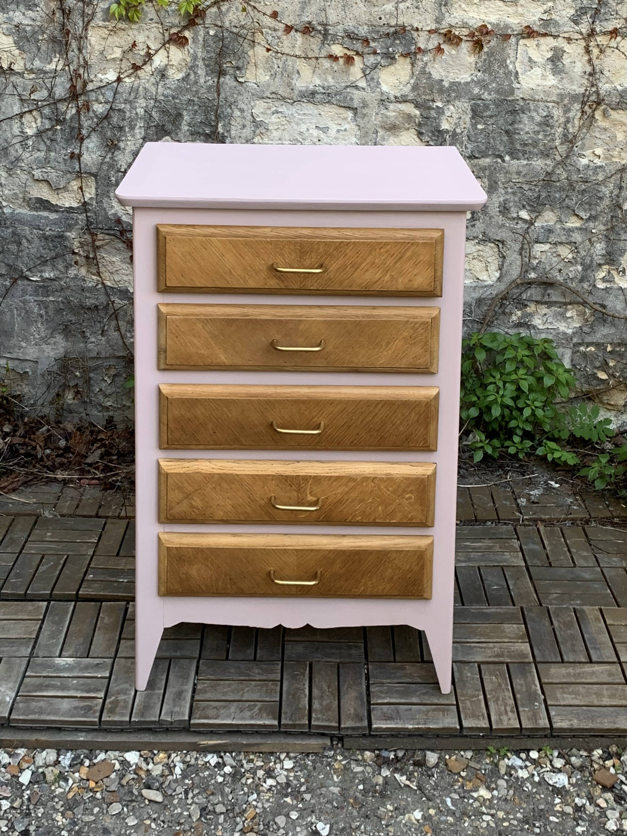 Vintage powder pink compass leg chest of drawers from the 1950s