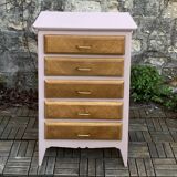 Vintage powder pink compass leg chest of drawers from the 1950s