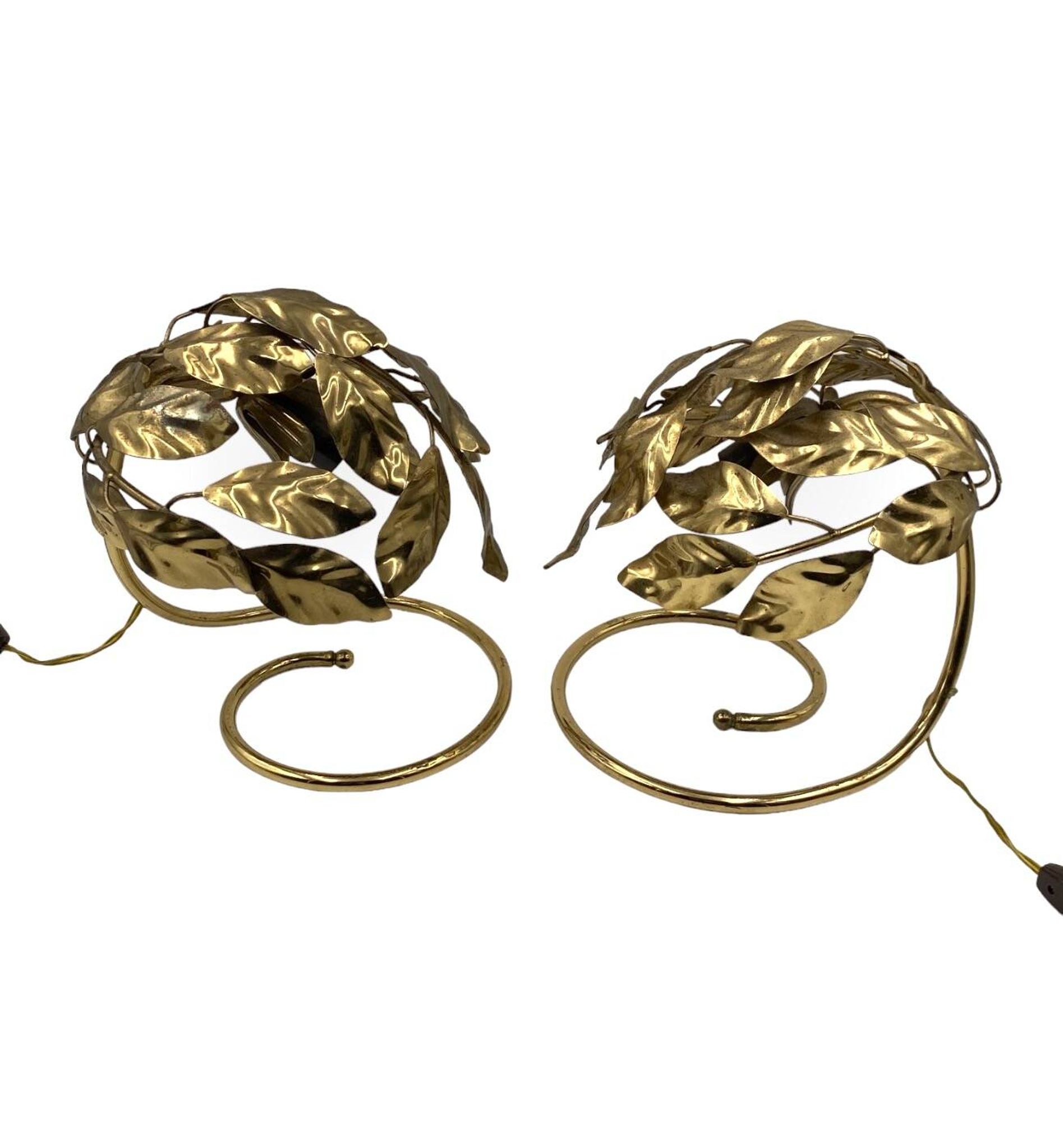 Hollywood regency set of 2 brass leaves table lamps, Bottega Gadda Italy, 1970s