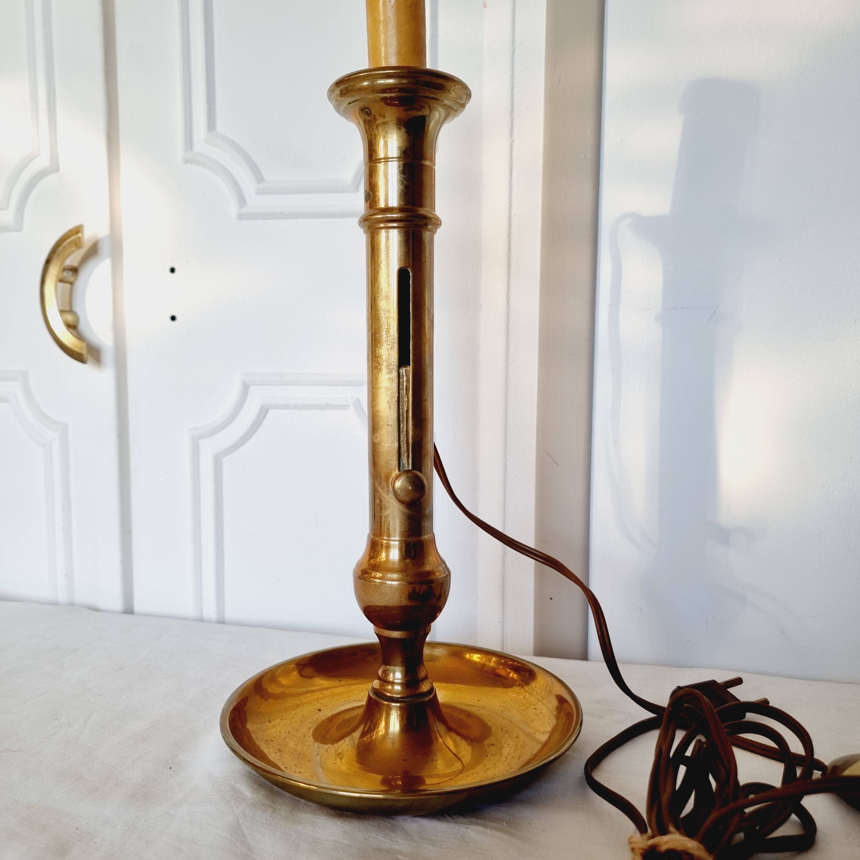Brass table lamp made from an antique 19th century candlestick or candle holder.
