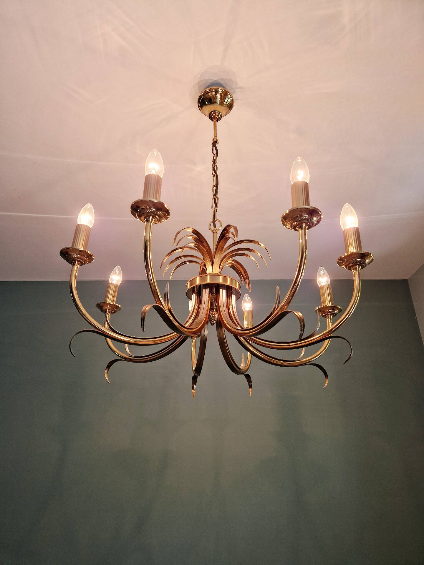 Brass chandelier, pineapple leaf decoration, Boulanger, 1970
