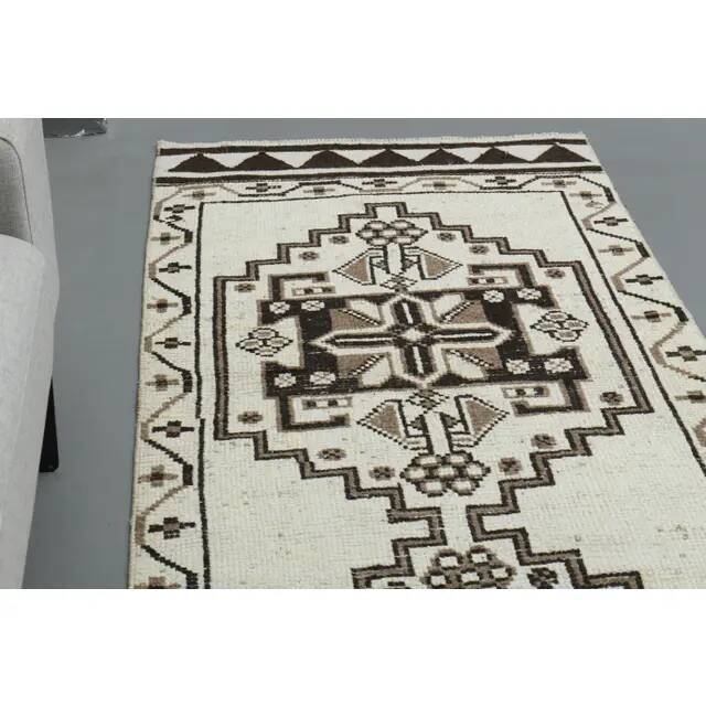 1970s Vintage Turkish Handmade Wool & Cotton Beige Runner Rug 96x361