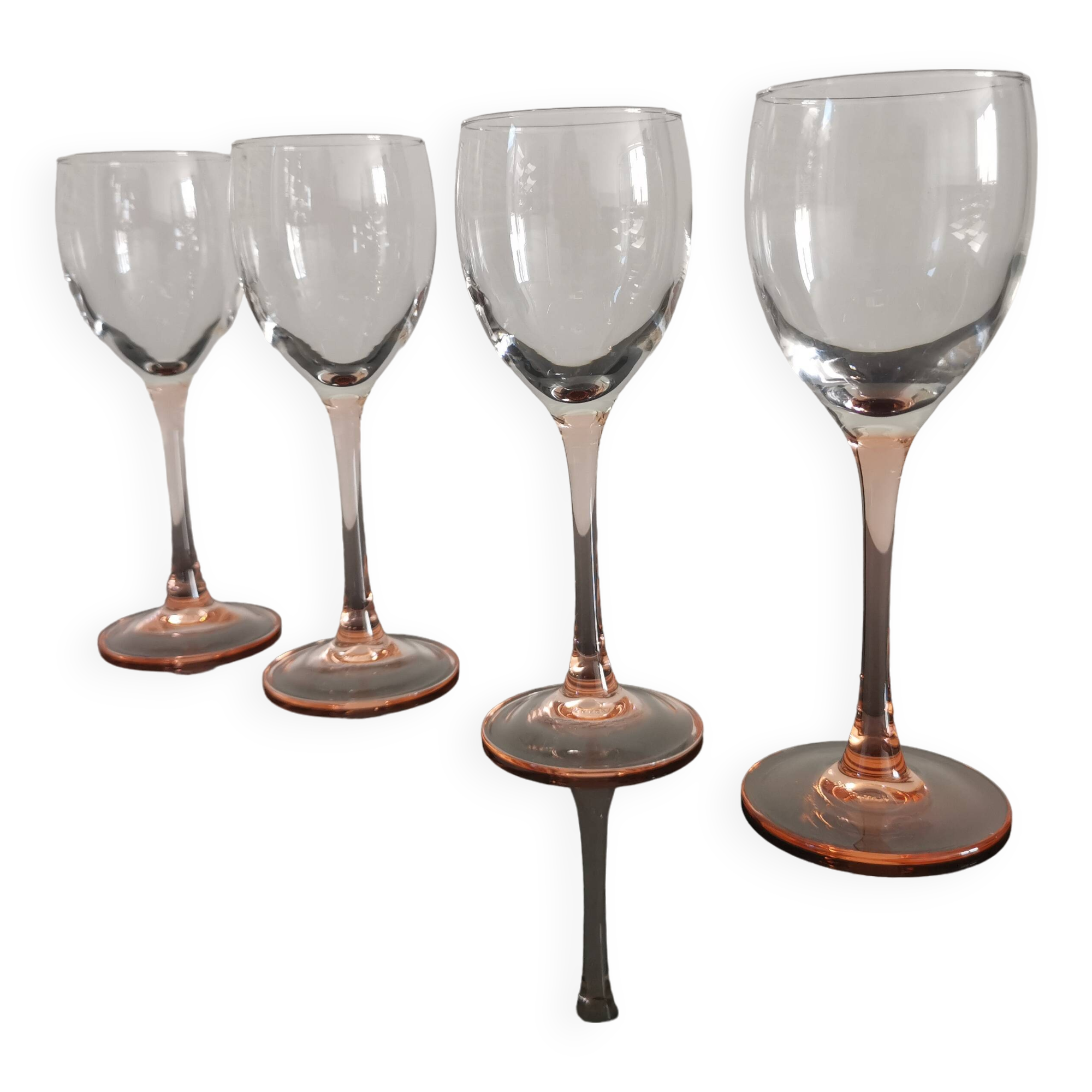 4 Luminarc white wine glasses with pink feet