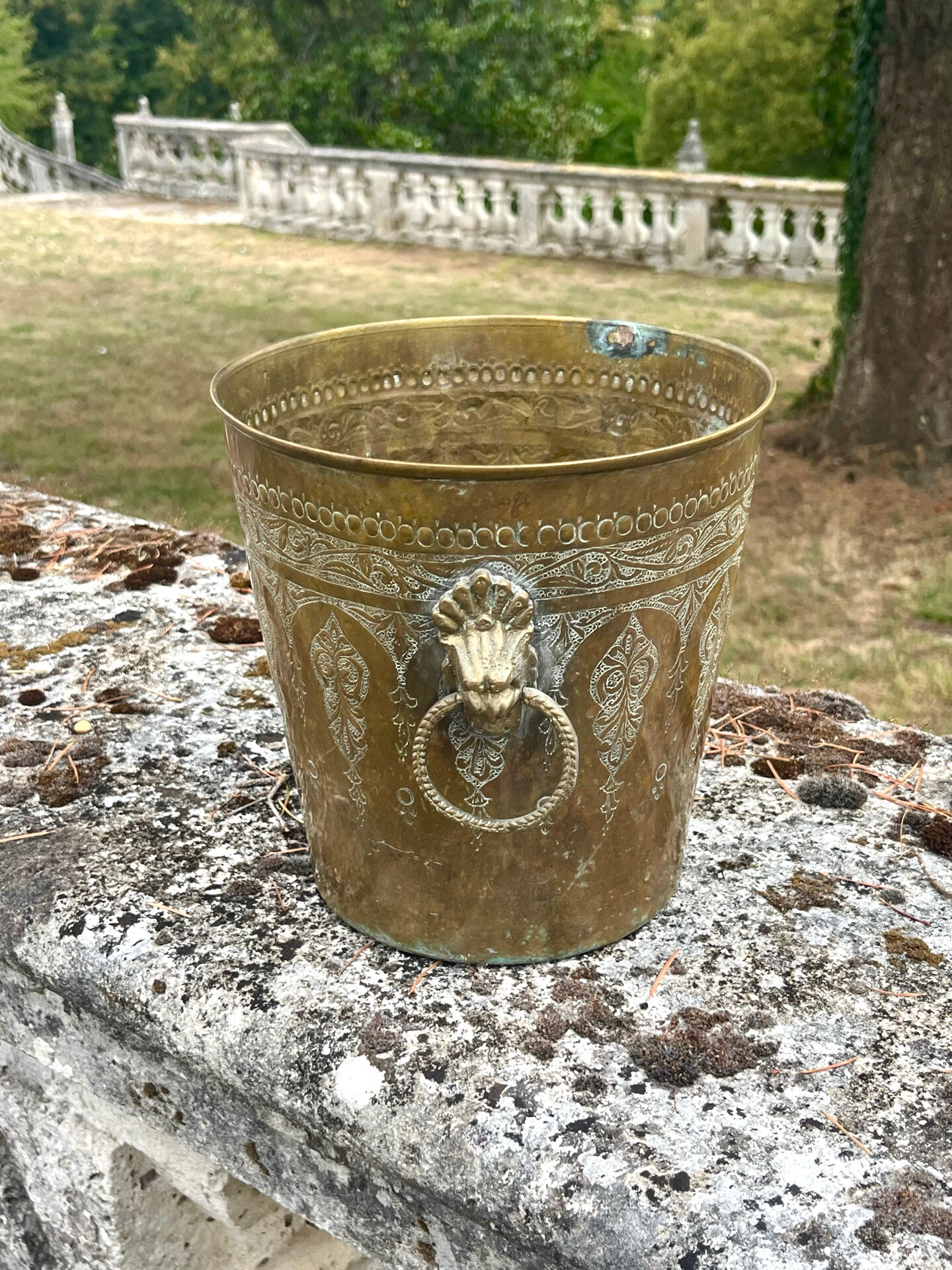 Persian Brass Champagne Bucket, Hand Engraved Ram Head Handles