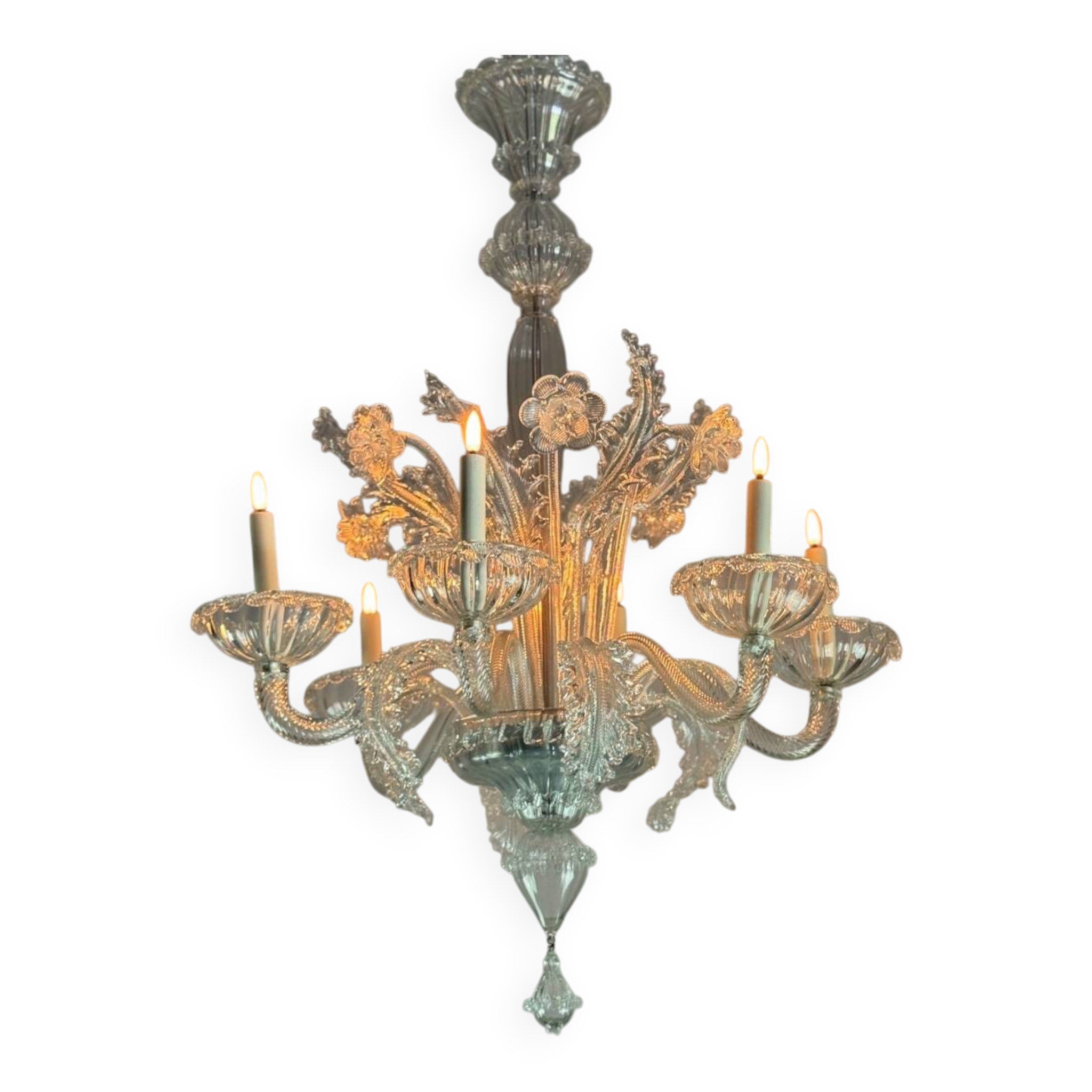 Venetian chandelier in colorless Murano glass, 6 light arms, circa 1940