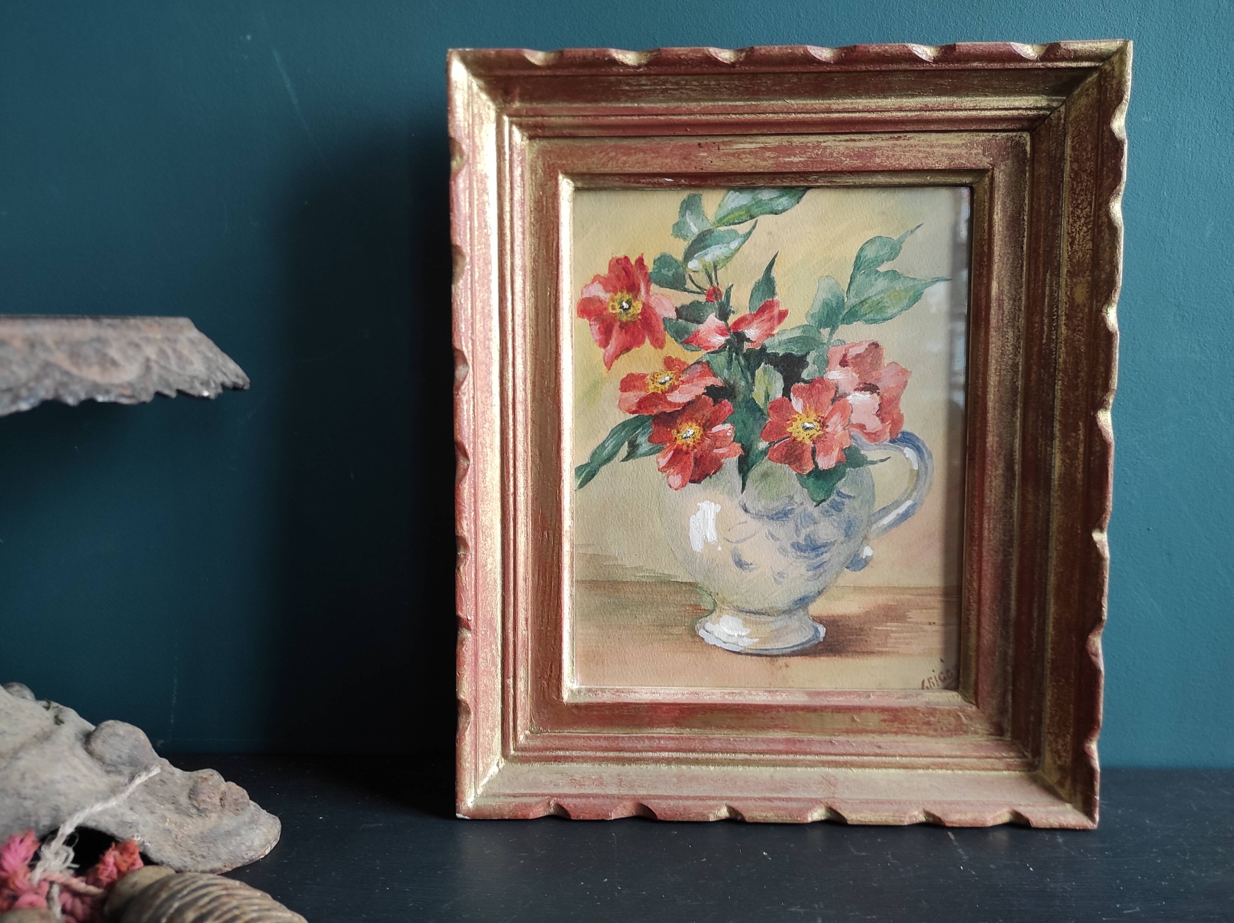 Aquarelle vintage de fleurs, signée Griggs
