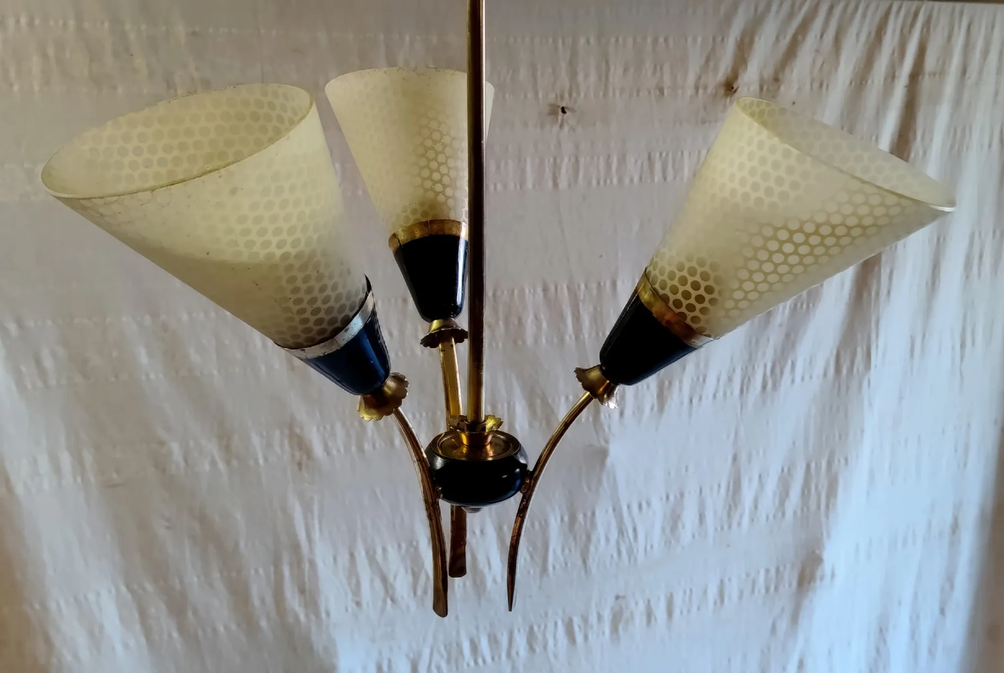 Brass and glass chandelier with 3 lights - 1950s