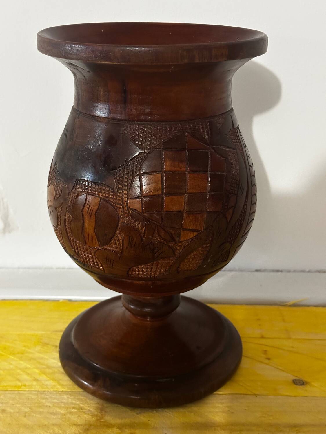 Vintage Turned and Carved Wooden Vase - Vine Decor H 28 cm