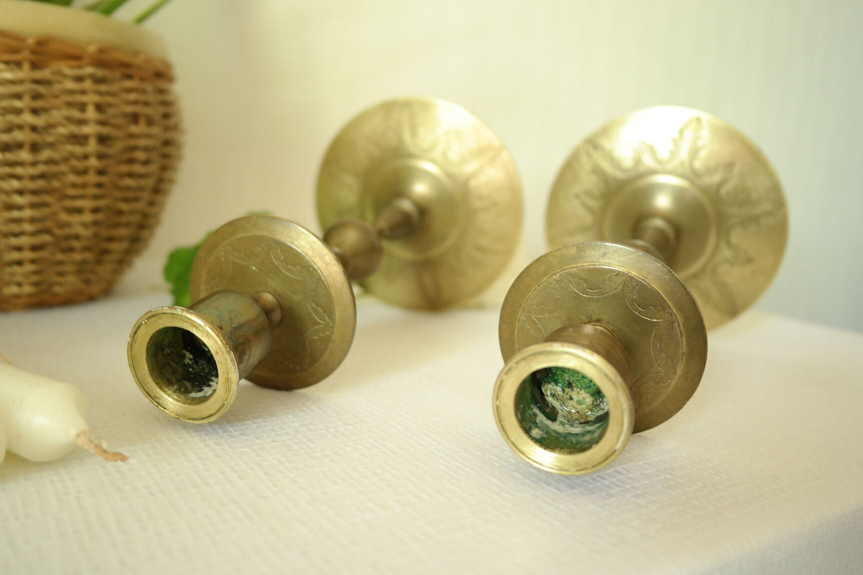 Pair of vintage engraved brass candle holders