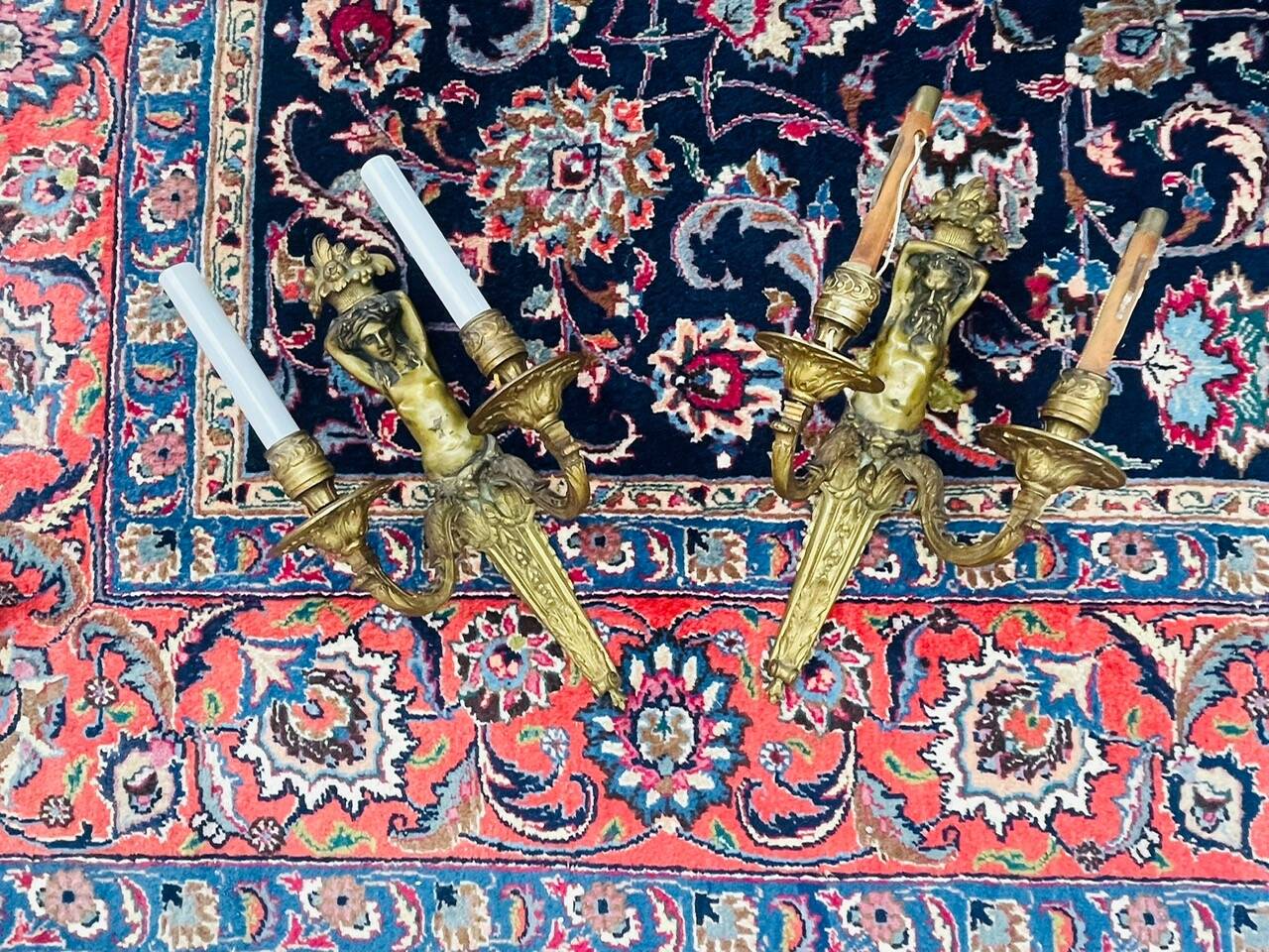 Pair of gilt bronze wall sconces with caryatid and Atlante decoration, 18th century.