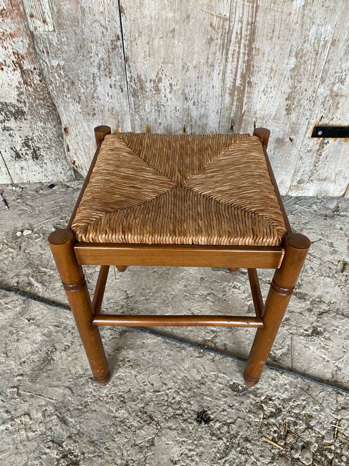 Vintage Wooden Stool with Woven Seat #D502