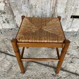 Vintage Wooden Stool with Woven Seat #D502