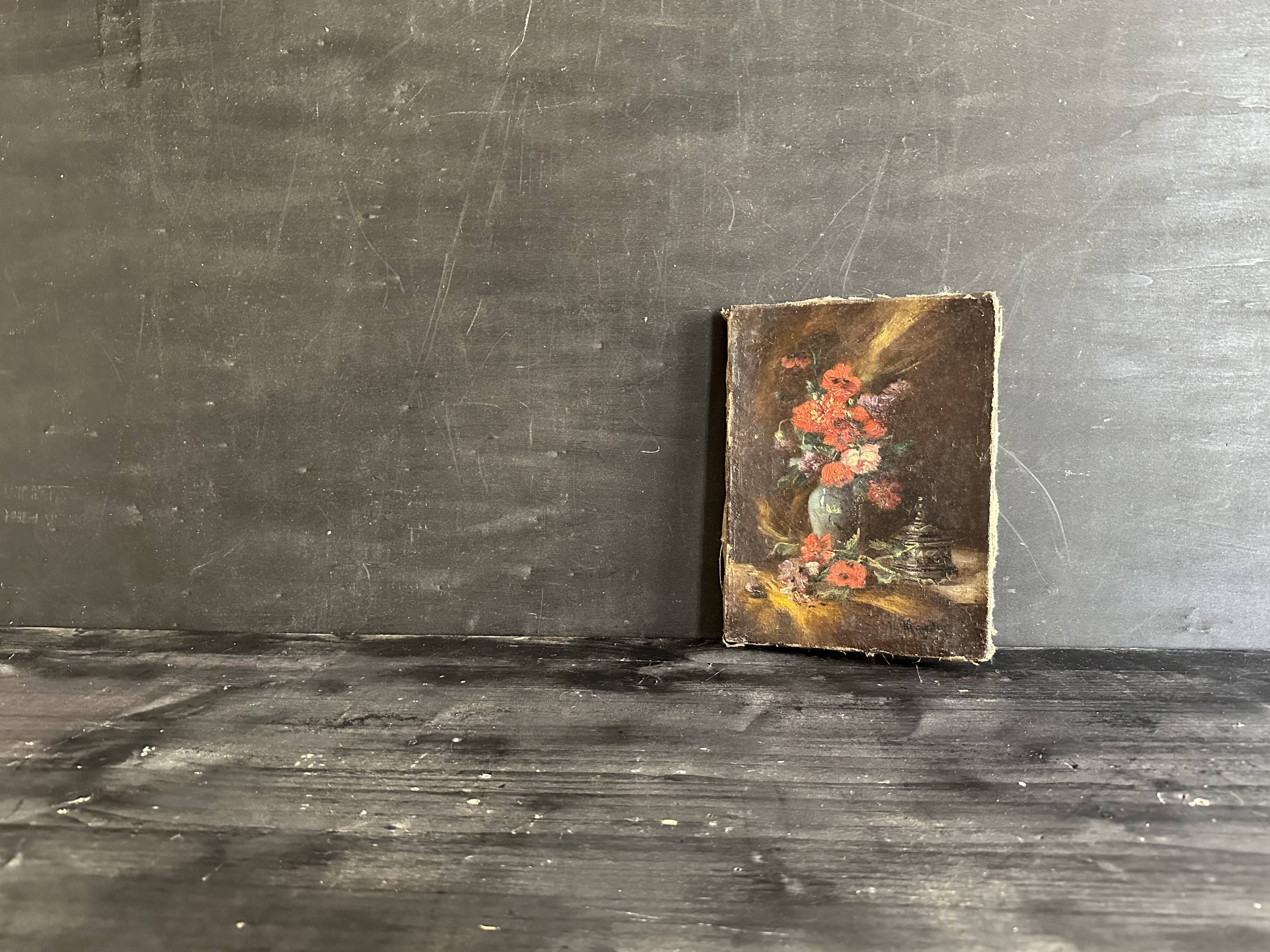 Miniature still life, oil painting signed from the 19th century, French school.