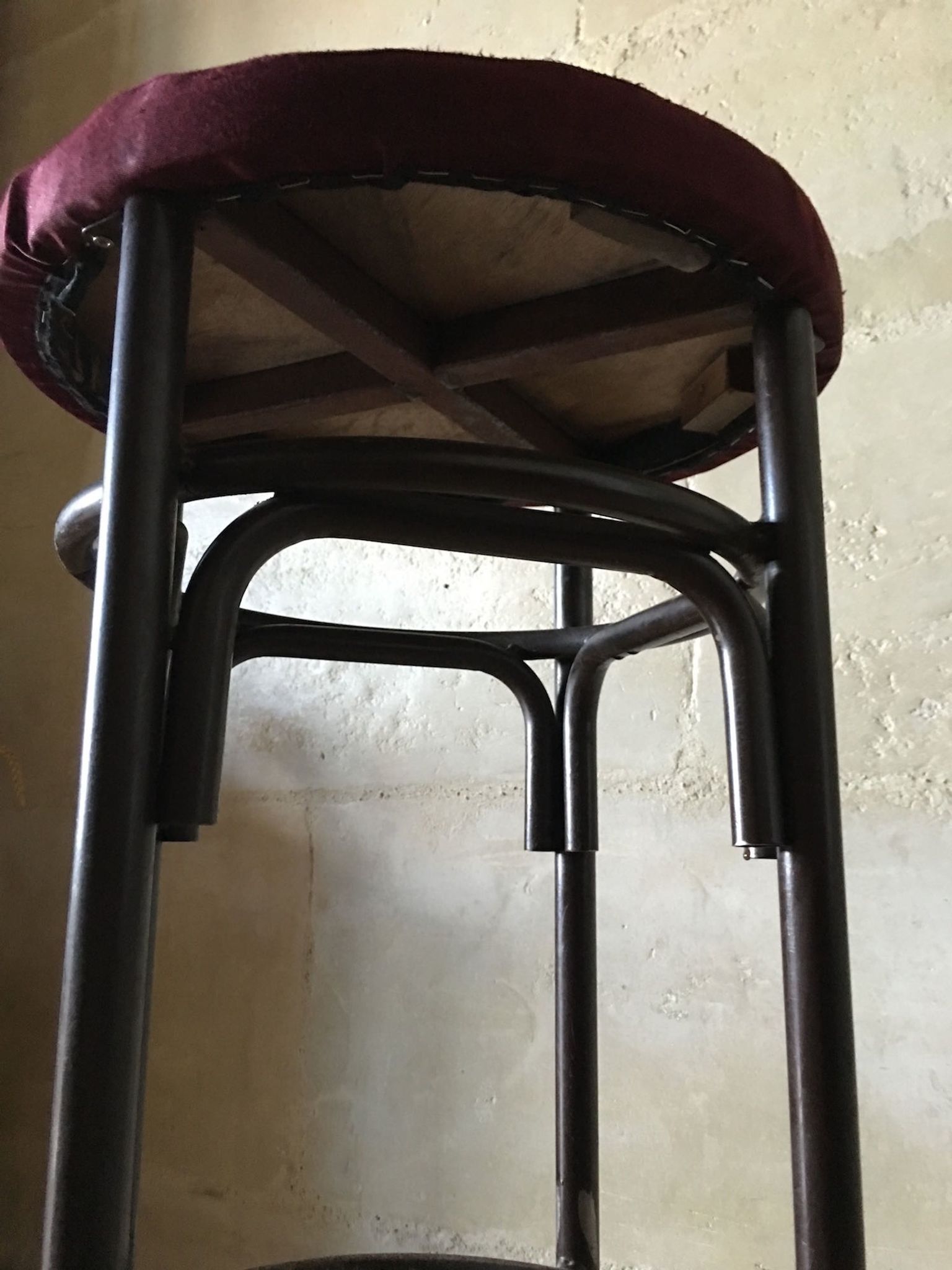 Lot of 3 bar stools, metal and velvet, vintage 60s